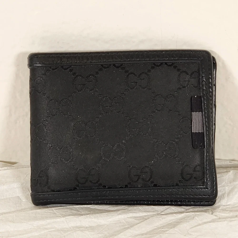 Gucci Canvas Black Men's Web Tab GG Guccissima Bifold Wallet